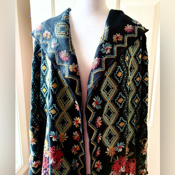 Paparazzi Boho Embroidered Floral Coat Cardigan Hooded Open Front Black Size L - Picture 2 of 12